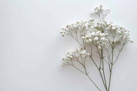 White gypsophila flowers on white background. Flat lay, top view.の素材