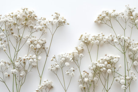 Flowers composition. Gypsophila flowers on white background. Flat lay, top viewの素材