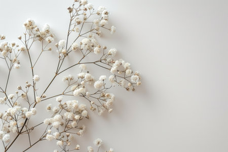 White gypsophila flowers on white background. Flat lay, top view minimal floral composition.の素材