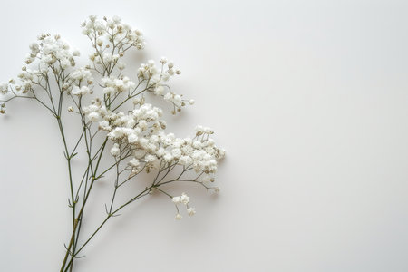 White gypsophila flowers on white background. Flat lay, top view.の素材