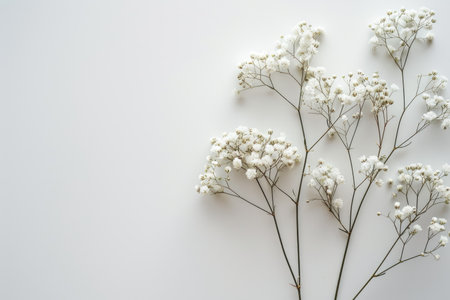 White gypsophila flowers on white background. Flat lay, top view.の素材