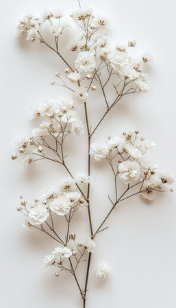White gypsophila flowers on white background. Flat lay, top view.の素材