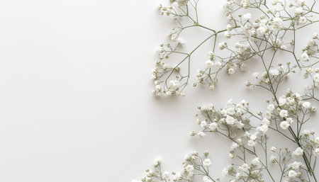 White gypsophila flowers on white background. Flat lay, top viewの素材