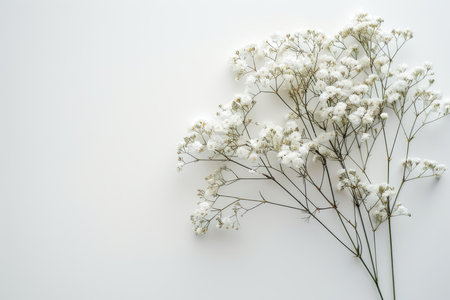 White gypsophila flowers on white background. Flat lay, top view.の素材
