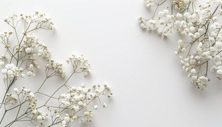 Flowers composition. Gypsophila flowers on white background. Flat lay, top view, copy spaceの素材