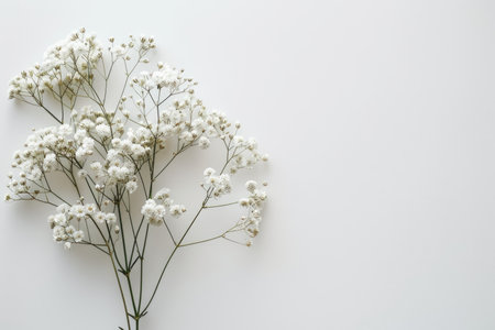 White gypsophila flowers on white background. Flat lay, top view.の素材