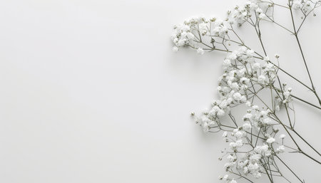 White gypsophila flowers on white background. Flat lay, top view, copy spaceの素材