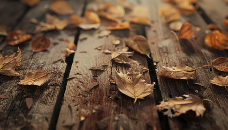 Autumn leaves on wooden background, selective focus, vintage tone.の素材