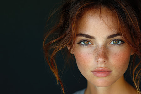Closeup portrait of beautiful young woman with freckles on faceの素材