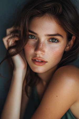 Portrait of a beautiful young woman with makeup and brown hair.の素材