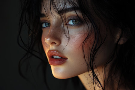 Closeup portrait of a beautiful brunette woman with bright makeup.の素材