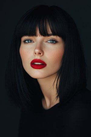 Portrait of a beautiful young woman with black hair and red lipsの素材