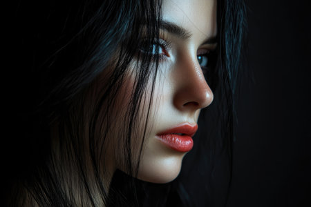 Closeup portrait of a beautiful young woman with long black hair.の素材