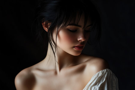 Portrait of a beautiful young brunette woman with closed eyes.の素材