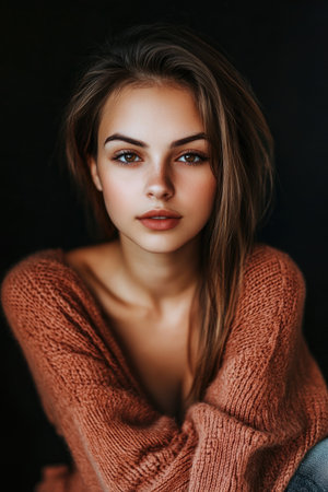 Portrait of a beautiful girl in a warm sweater on a dark backgroundの素材