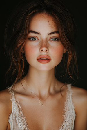 Portrait of a beautiful young woman on a black background. Beauty, fashion.の素材