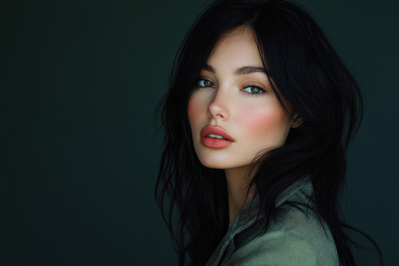 Portrait of young beautiful brunette woman with makeup in fashion clothesの素材