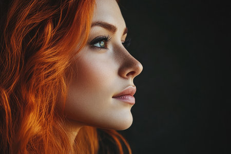 Portrait of a beautiful young woman with red hair on a black backgroundの素材