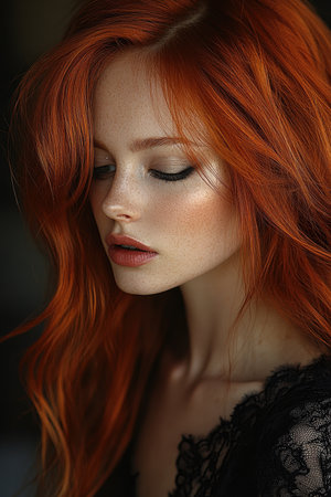 Portrait of beautiful redhead girl with freckles. Fashion photoの素材