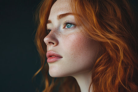 Close up portrait of beautiful redhead girl with freckles.の素材