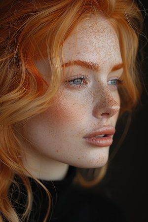 Portrait of a redhead girl with freckles on her faceの素材