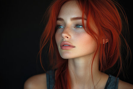 Portrait of a beautiful red-haired girl on a black background.の素材