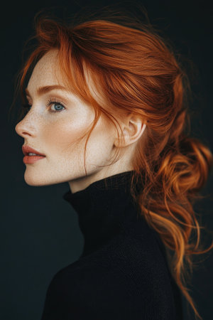 Portrait of a red-haired girl with freckles on her faceの素材