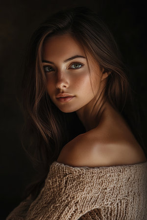 beauty woman with brown hair, 26 years old, model, dark background studio lighting --ar 2:3 --style raw --v 6.1 Job ID: e761b1e6-9ca7-42c7-8f52-f51ad0077394の素材