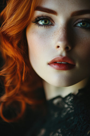 Beautiful young woman with red hair, close-up portrait.の素材
