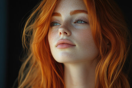 Close up portrait of beautiful redhead girl with freckles.の素材