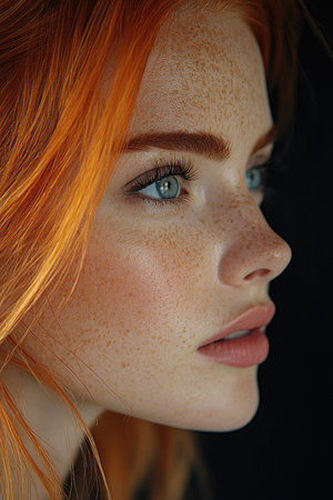 beauty woman with red hair, 26 years old, model, dark background studio lighting --ar 2:3 --stylize 1000 --v 6.1 Job ID: 95e0aa59-48ff-428e-b3e1-667f0b5da271の素材