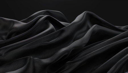 Black fabric with lines, flowing in the wind, close-up, dark background, minimalist style, simple design sense, 3D rendering. --ar 7:4 --v 6 Job ID: bc44c230-bffc-49dc-8e82-a354aa5cd147の素材