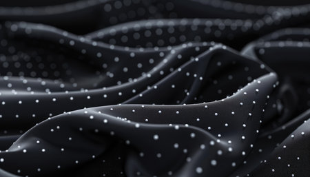 close up of black silk fabric with white polka dots - abstract backgroundの素材
