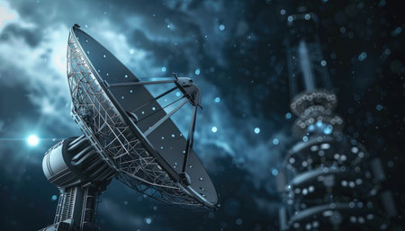 Satellite dish in space against blue sky with clouds 3D renderingの素材