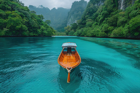 Longtail boat on the turquoise water of Tam Coc river in Vietnamの素材