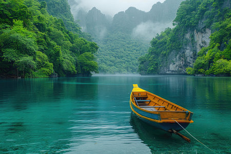 Boat on the emerald waters of Halong bay, Vietnamの素材