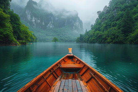 Wooden boat on the lake with foggy mountains in the backgroundの素材