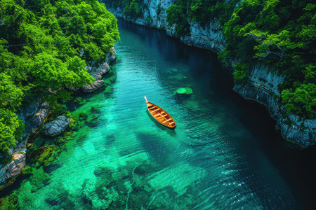 Aerial view of boat in turquoise water of Khao Sok National Park, Thailandの素材
