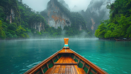 Long tail boat on the lake in the mist, Krabi, Thailandの素材