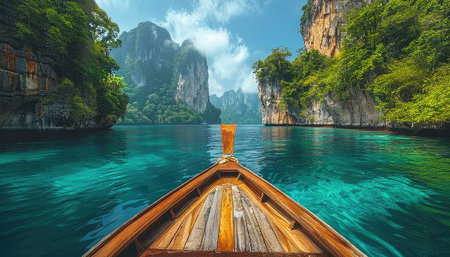 Tropical island with longtail boat in the sea, Thailandの素材