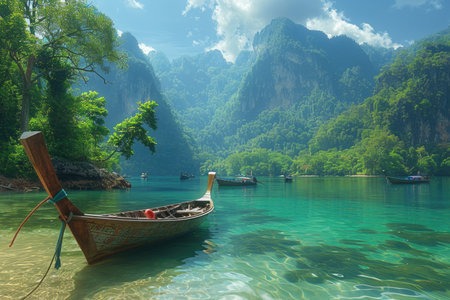Fishing boat on the lake and mountain in Krabi, Thailandの素材