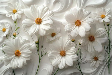 White daisies on a white background. Flat lay, top viewの素材