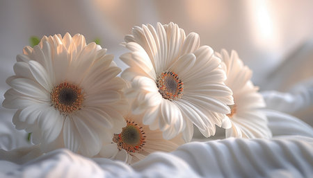Beautiful white gerbera flowers on bed, close-upの素材