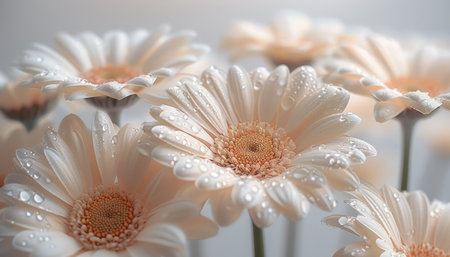 White gerbera flowers with water droplets on petals.の素材
