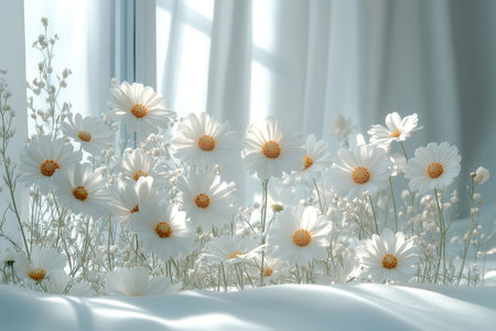 White daisies on the windowsill in the morning light.の素材