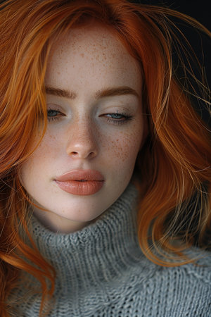 Close up portrait of beautiful redhead girl with freckles.の素材