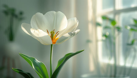 White tulip with green leaves on the windowsill. Spring background.の素材
