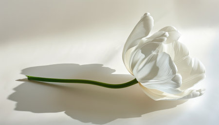 White tulip on a white background with a shadow from the sunの素材