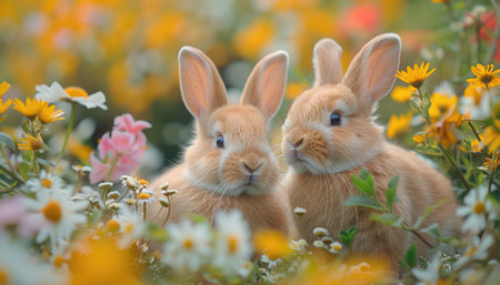 Two cute bunnies in love, surrounded by colorful spring flowers, in the background a blurred meadow with daisies and wildflowers, copy space for text, close-up shot, stock photo. --ar 7:4 --stylize 750 --v 6 Job ID: e2382ba3-8a3f-4e2f-ba3b-a7cd172d4cb0の素材