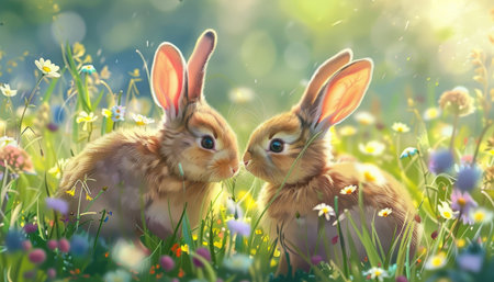 Two cute bunnies in a flower meadow, adorable animals, colorful background, high resolution, high detail, photorealistic. --ar 7:4 --v 6 Job ID: 5c0693c7-64b6-4321-b8a5-d1ea439a03d3の素材
